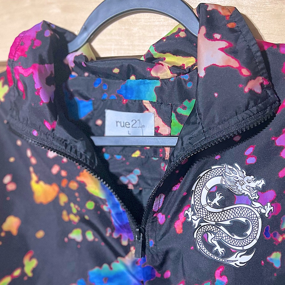 Sinner Splatter Paint Dragon Multi color windbreaker crop top Rue21 Large - Picture 6 of 7